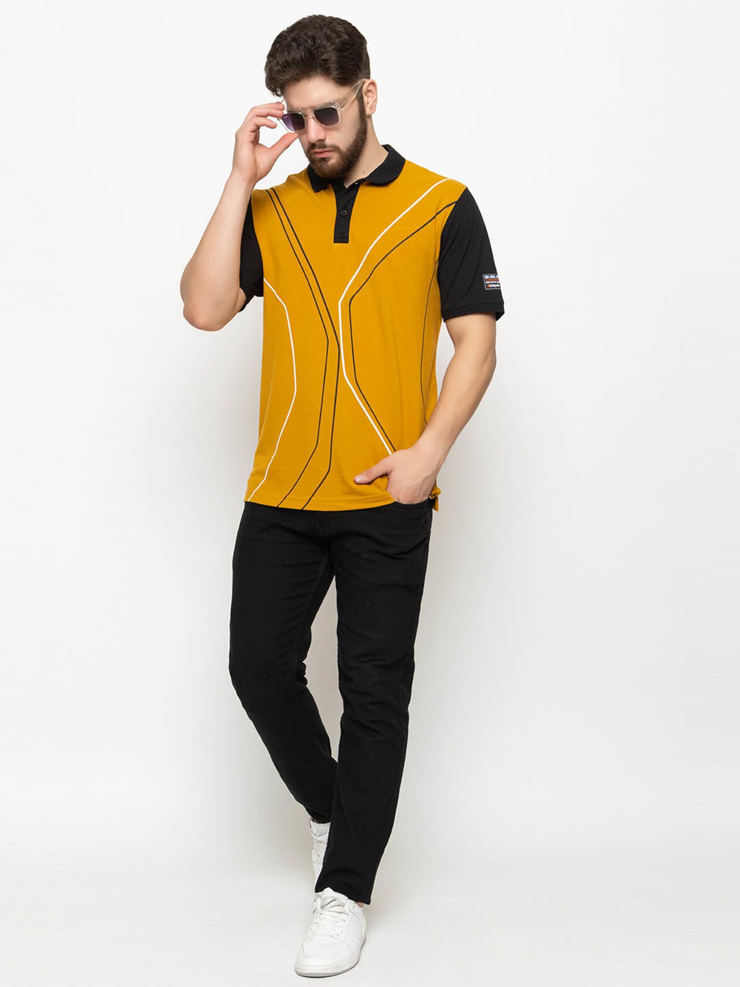Club York Mustard & Black Regular Fit Printed Polo T-Shirt