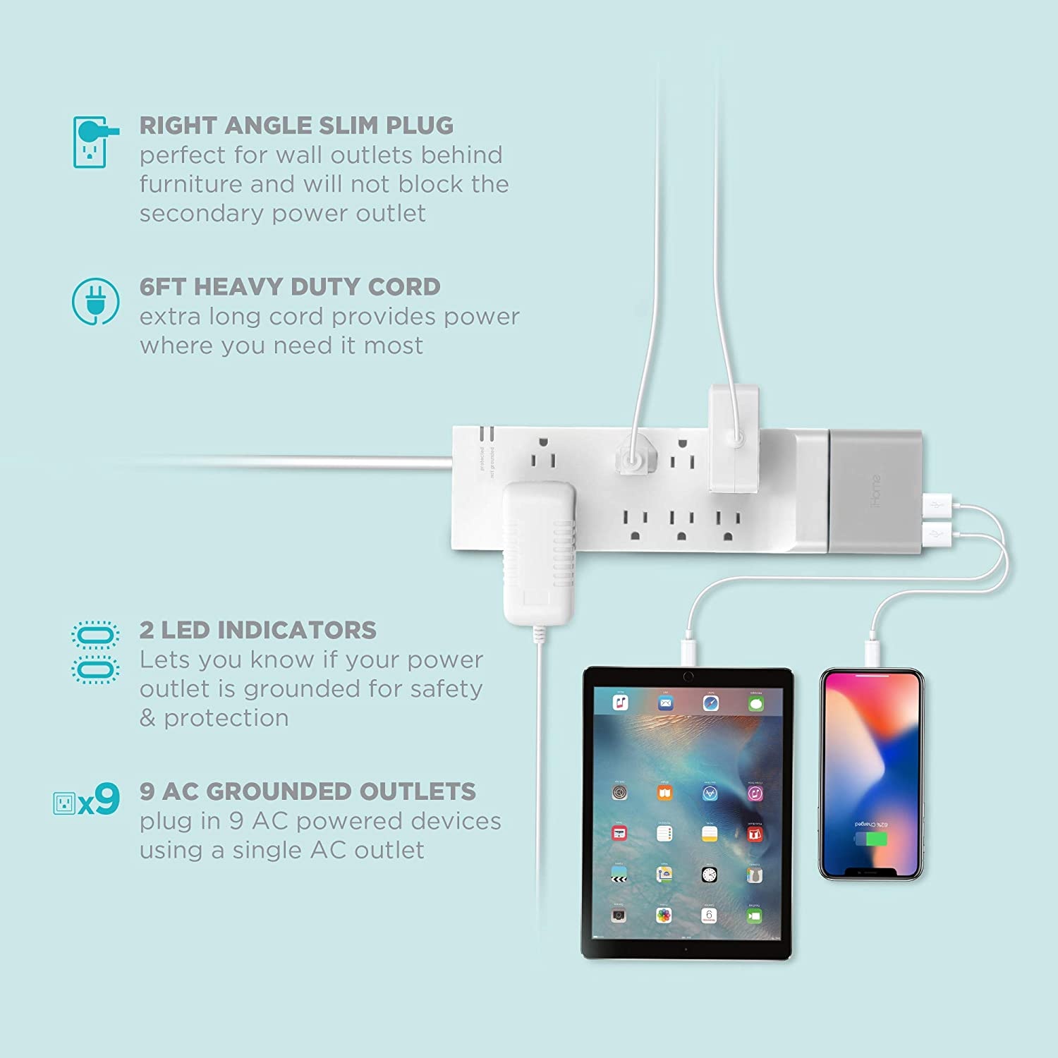 iHome Power Strip: AC Pro + Surge Protector - Outlet Extender with 9 AC Outlets, Detachable 4 Port 5.4A USB Wall Charger, 6 ft Extension Cord and 3,000 Joule Surge Protection
