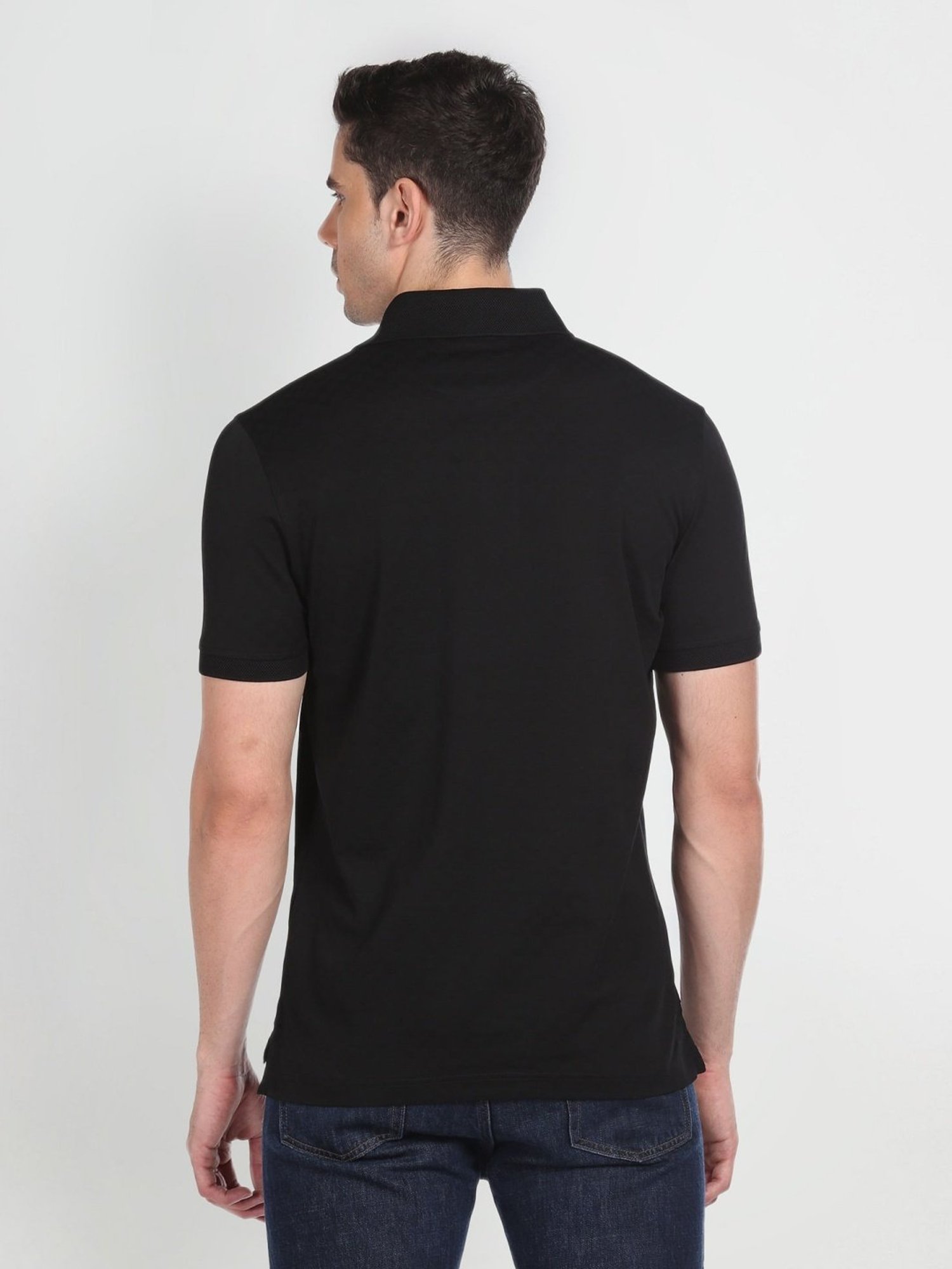 Arrow Black Cotton Regular Fit Self Pattern Polo T-Shirt