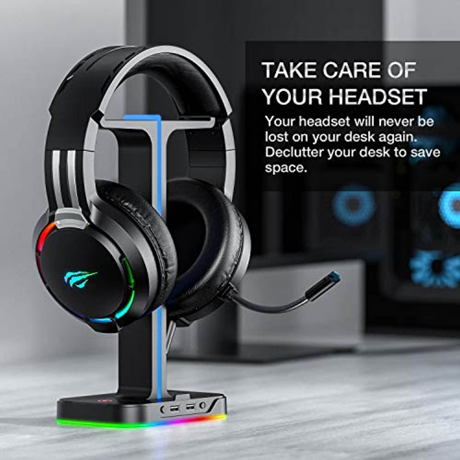 Havit Gaming Headphone Stand  and  Wired Gaming Headset Desk Dual Headset Hanger Base with Phone Holder  and  2 USB Port for Dual Gaming Headphones Desktop PC Game Earphone Accessories (TH650A)
