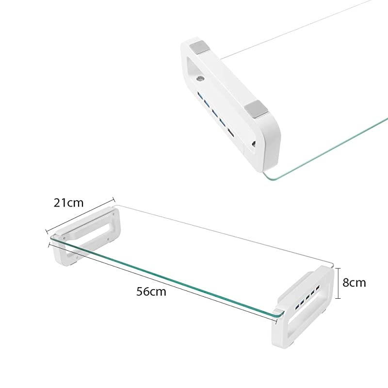 Stand Riser, 4-Port USB 3.0 Hub Tempered Glass Riser Quick Charge 5Gbps High-Speed Transfer Data Desk Organizer Keyboard & Mouse Storage with USB Cable for Laptop PC MacBook,White