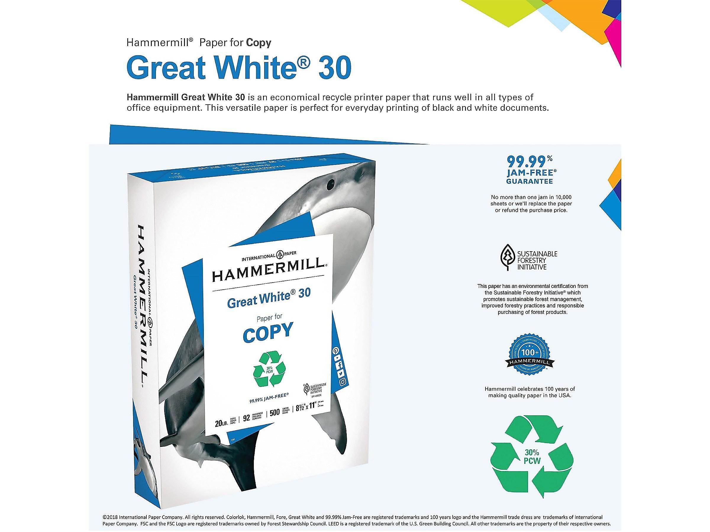 Hammermill Great White 30% Recycled 8.5" x 11" Copy Paper 20 lbs 92 Brightness