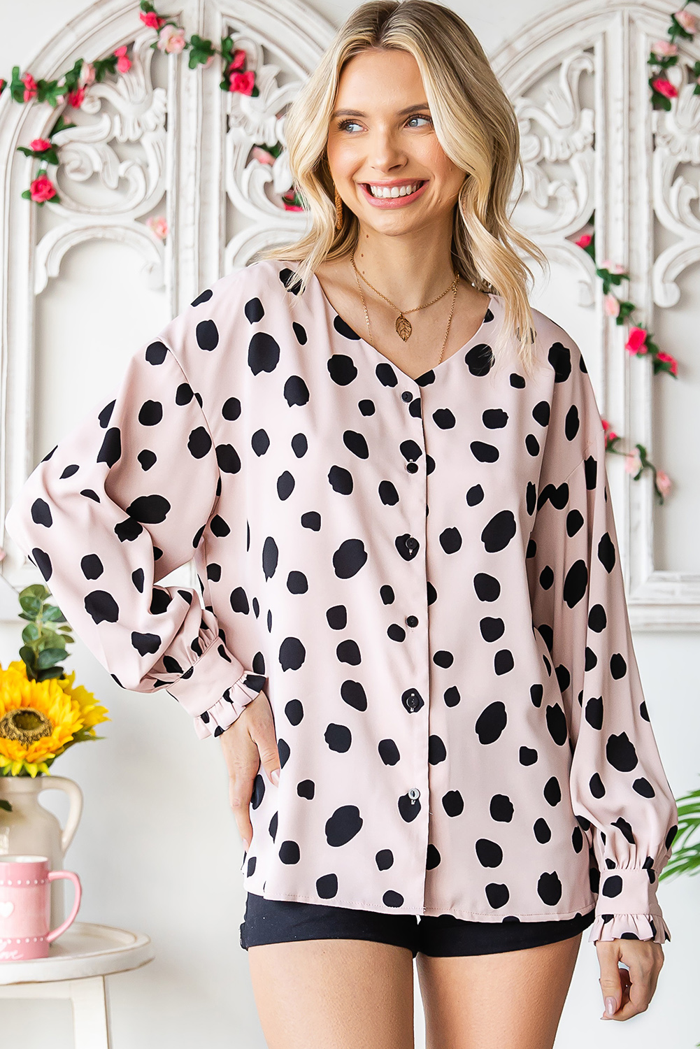 Pink Dot Print Button Frill Cuffs Casual Puff Sleeve Blouse