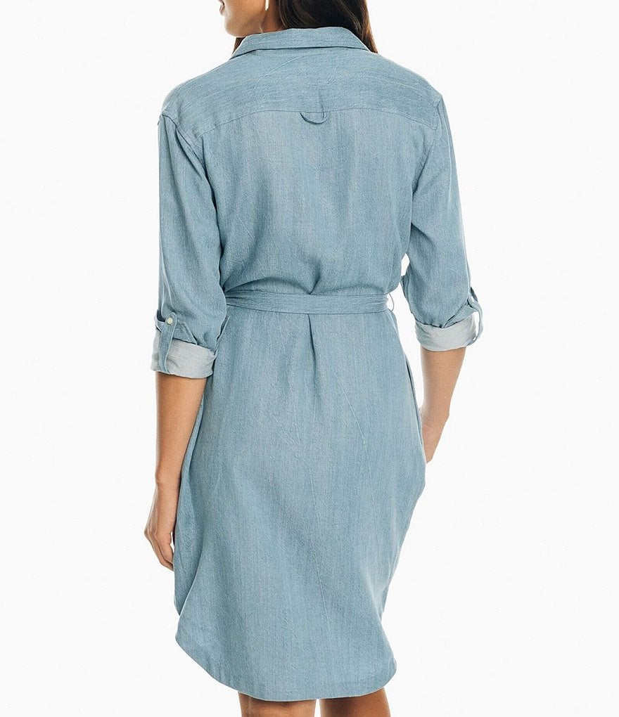 Southern Tide Franca Tie Waist Long Sleeve Drop Tail Chambray Dress