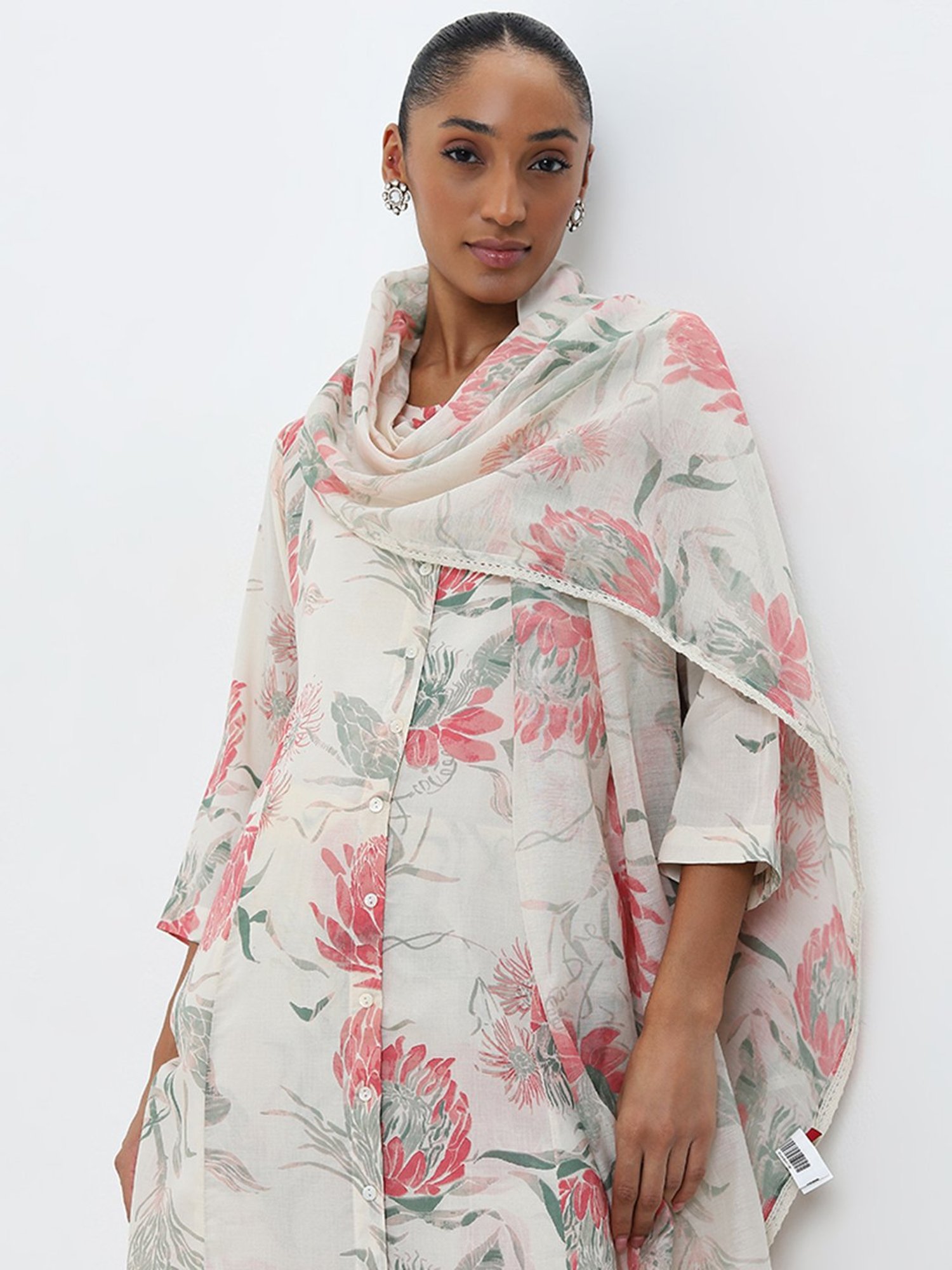 Zuba by Westside Off-White Floral Printed Cotton Stole