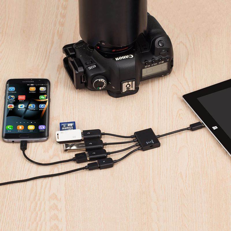4 in 1 Micro USB HUB Adapter with Power, Charging OTG Host Cable Cord Adaptor Connector for Samsung Galaxy HTC Android Smart Phone Tablet Supports OTG Function