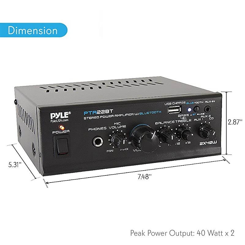 Bluetooth Mini Blue Series Home Audio Amplifier Compact Desktop Home Theater Stereo Amplifier Receiver with USB Charge Port | Pager Mixer Karaoke Modes | Mic Input 40 Watt x 2 |  PTA22BT 2X2X2