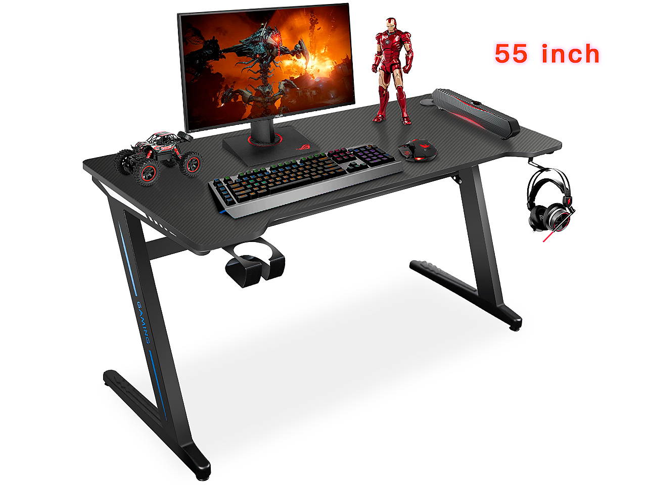 TROPRO Large Gaming Desk 55 Inch Computer Gaming Desk E-Sports Racing Table with with Cup Holder, Headphone Hook for Home Office, Black