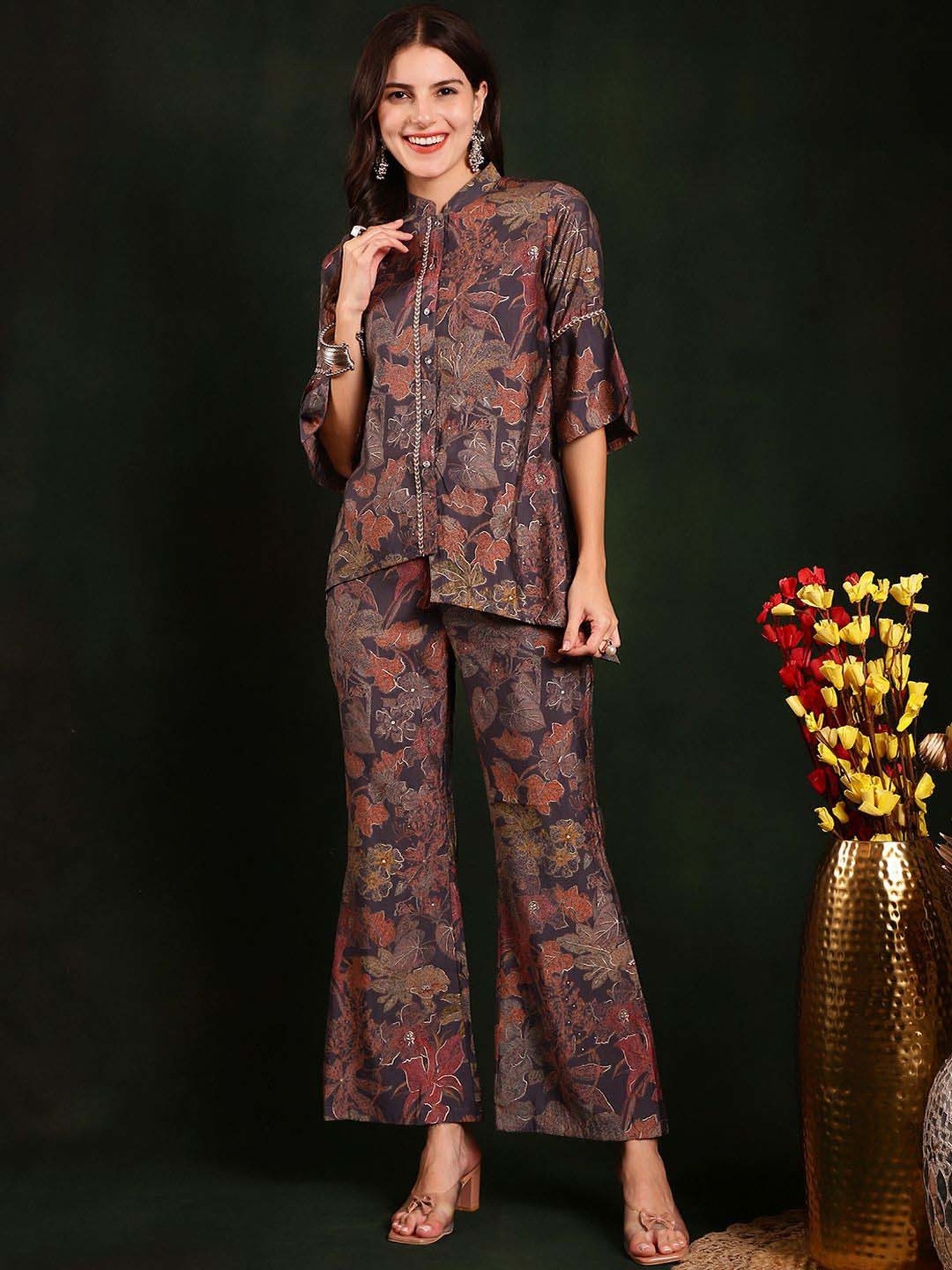 Claura Grey Printed Top Pant Set