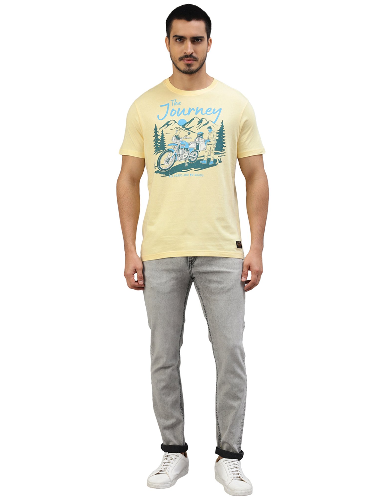 Royal Enfield Mountain Trail Light Yellow Regular Fit Printed Crew T-Shirt
