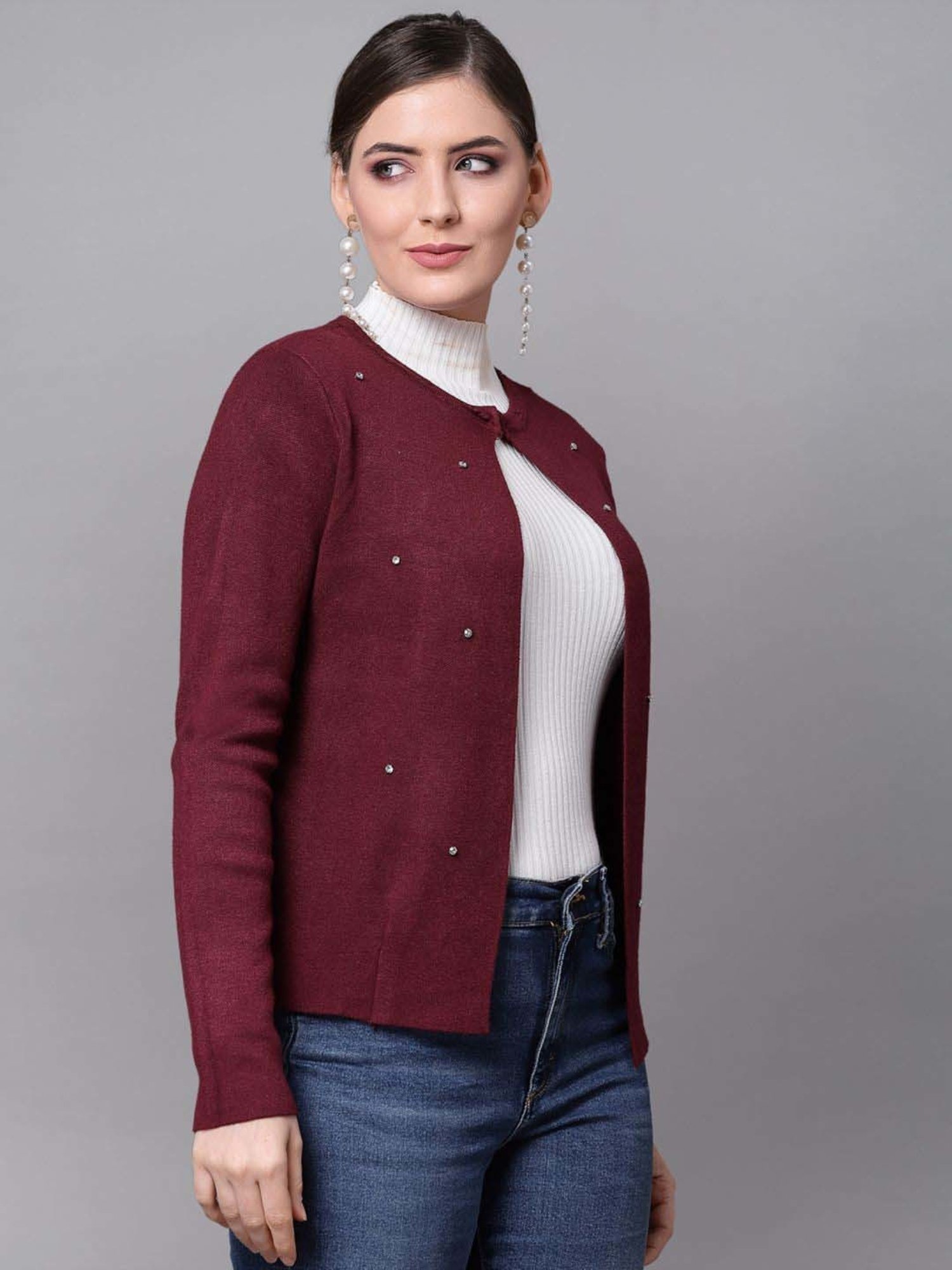 Mafadeny Maroon Embellished Shrug