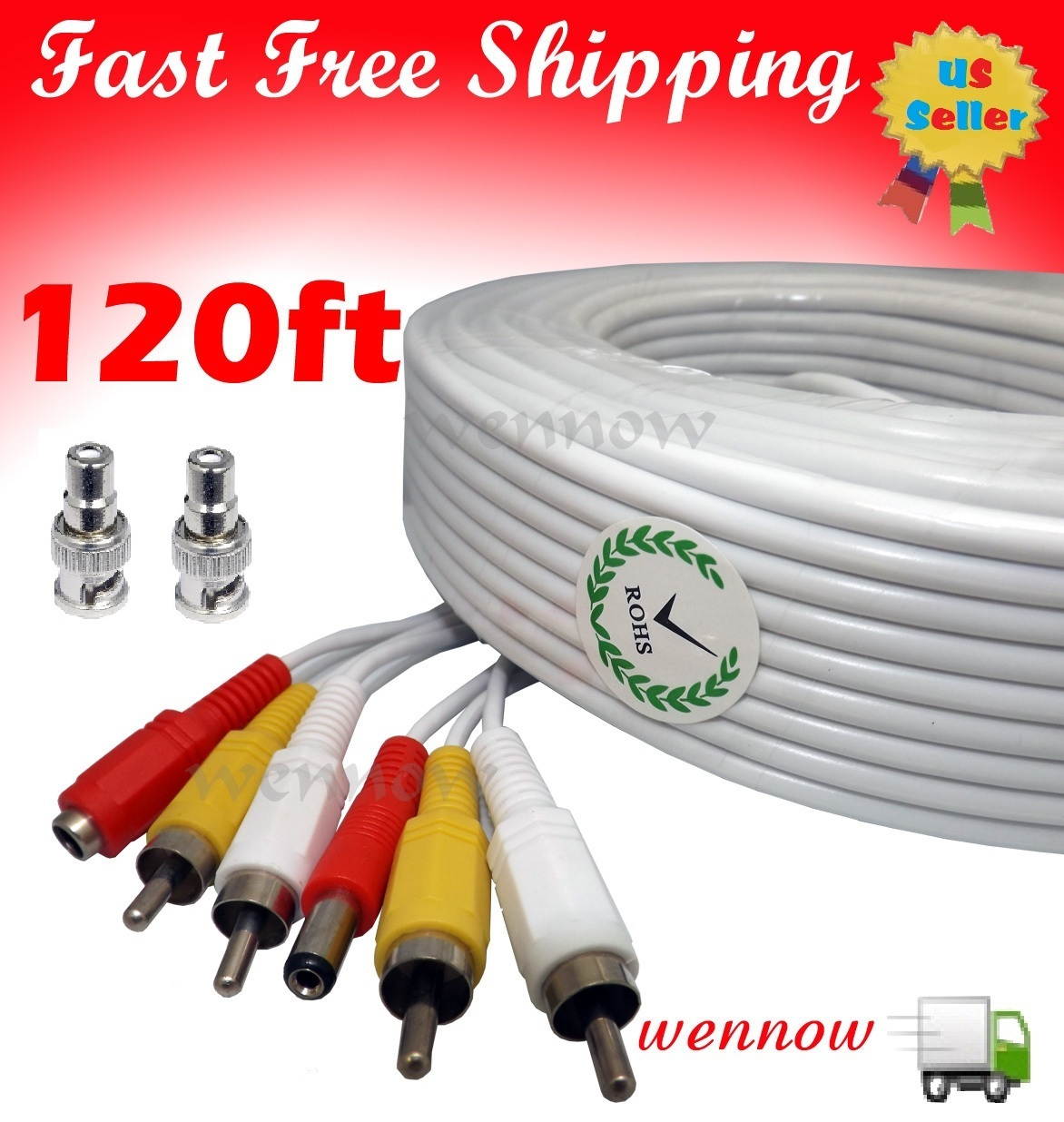 WennoW 120ft White Audio Video & Power RCA Cable for Qsee Zmodo Security CCTV Camera