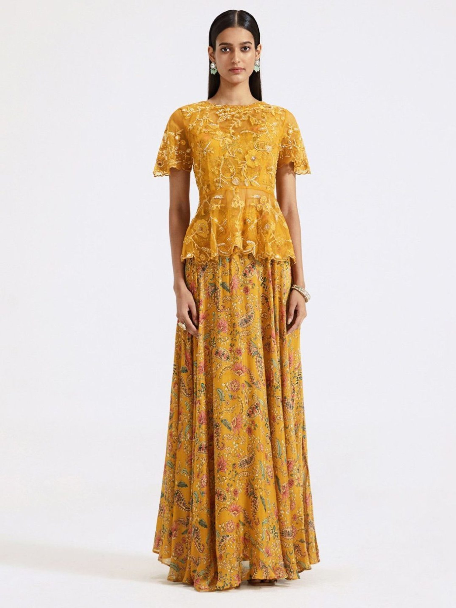 Basanti Kapde aur Koffee Mustard Evolve Embroidered Top with Skirt
