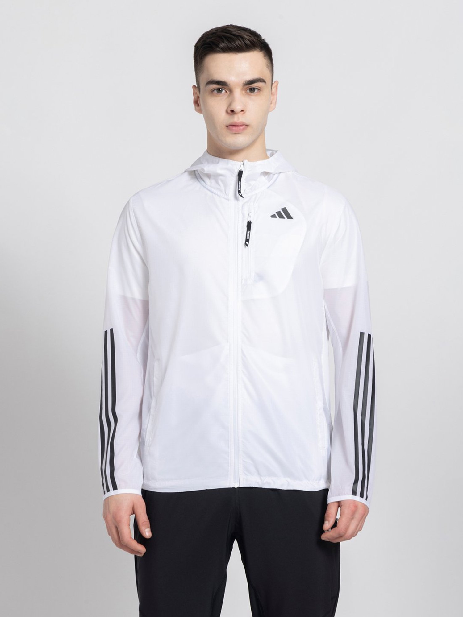 adidas White Slim Fit Striped Running Hooded Jacket