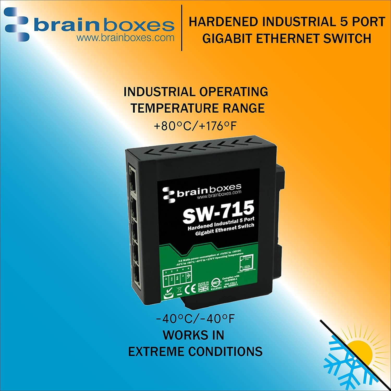 Brainboxes - SW-715 - Brainboxes Hardened Industrial 5 Port Gigabit Ethernet Switch DIN Rail Mountable - 5 Ports - TAA Compliant - 2 Layer Supported - Twisted Pair - DIN Rail Mountable - Lifetime