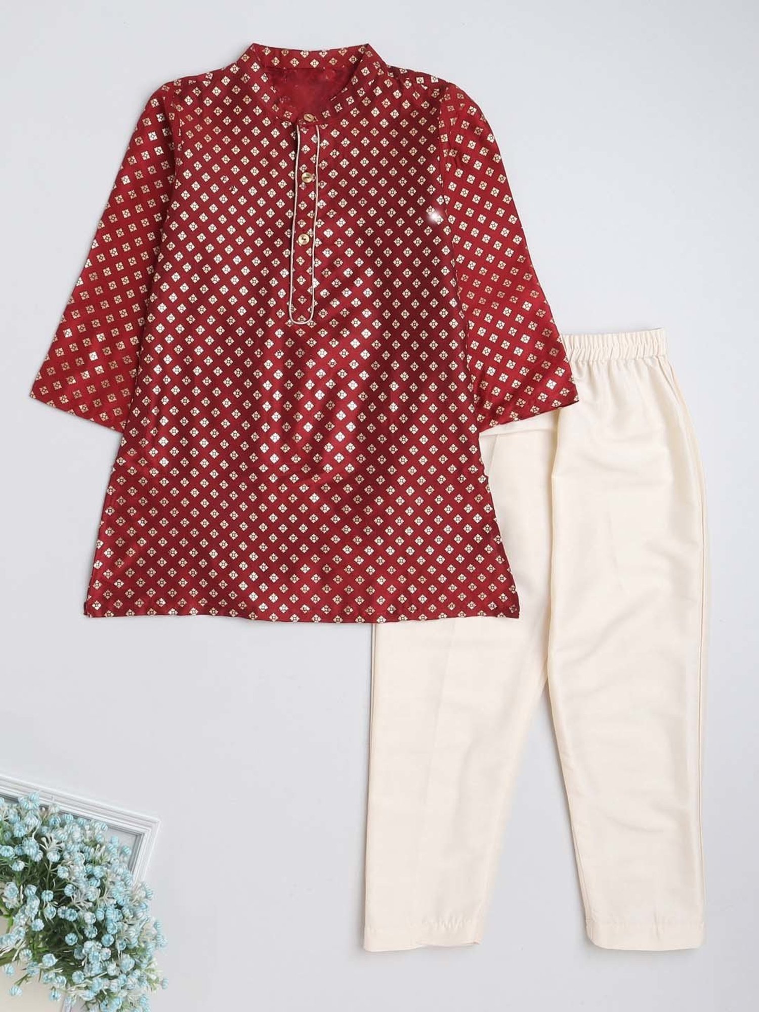 The Magic Wand Kids Maroon & White Cotton Printed Full Sleeves Kurta Set