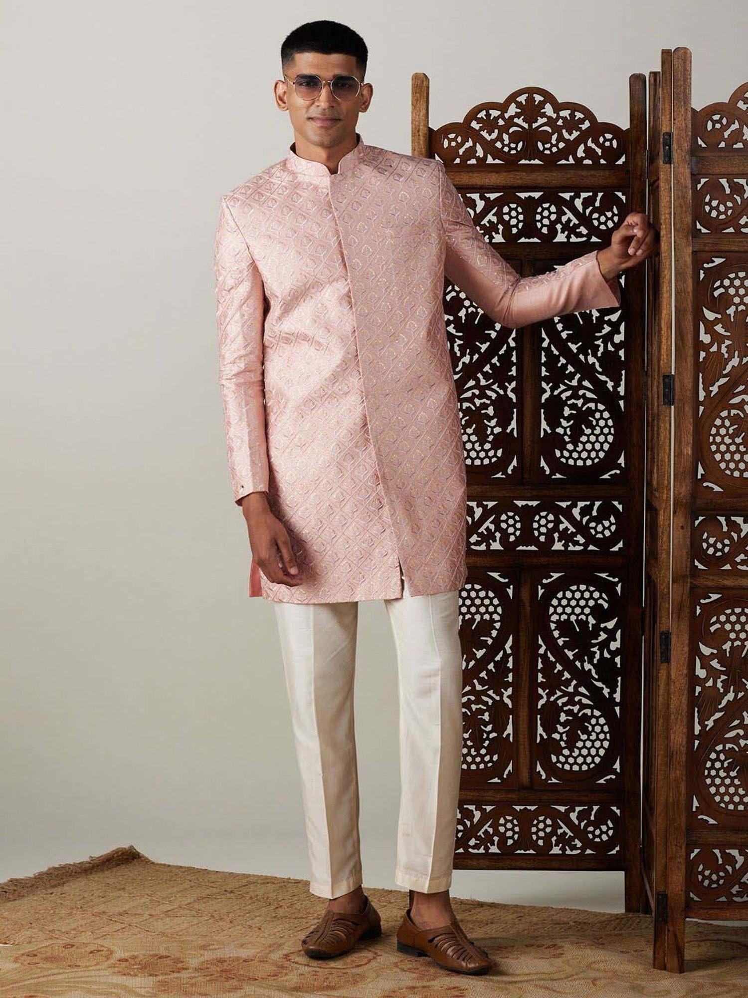 Vastramay Peach & Cream Regular Fit Embroidered Sherwani Set