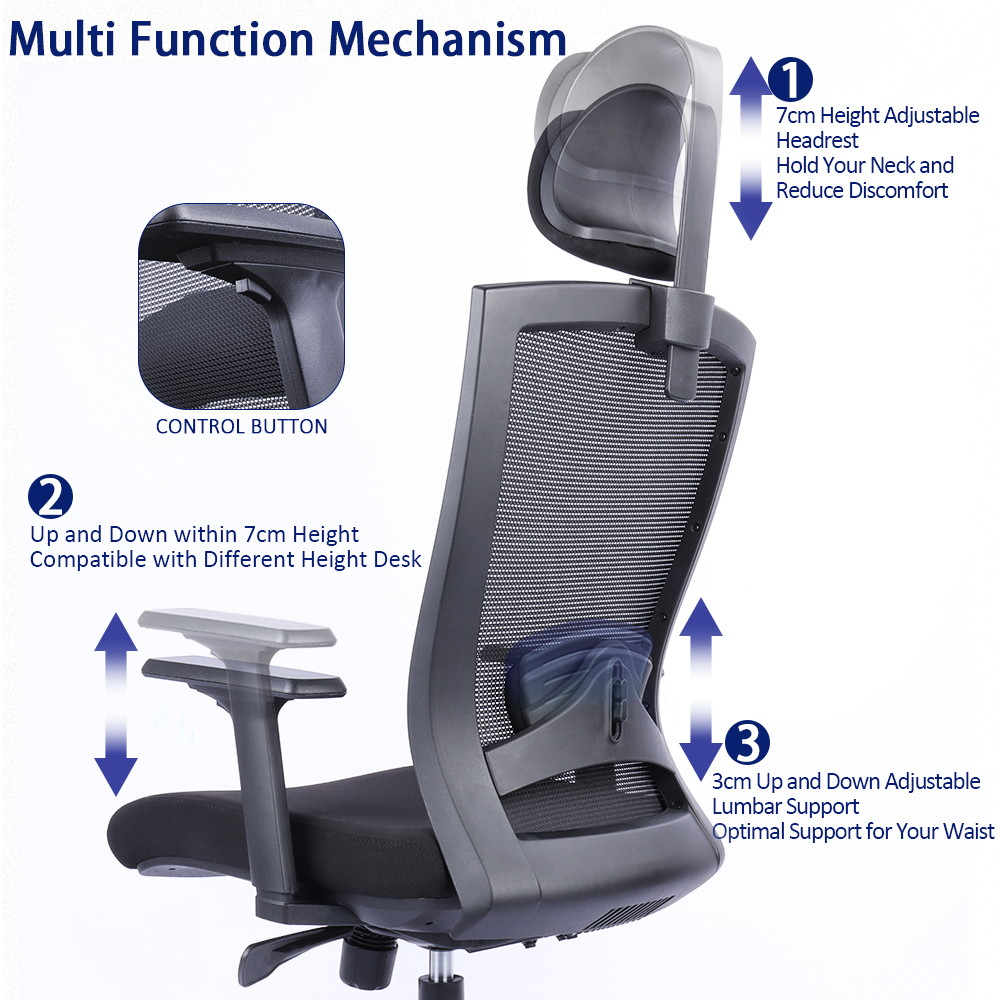 Mesh Ergonomic Office Desk Chair with Headrest, Swivel Computer Gaming Chair Reclined and Lockable Comfortable High-Back Executive Chair with Adjustable Arms, and Lumbar Support, Black