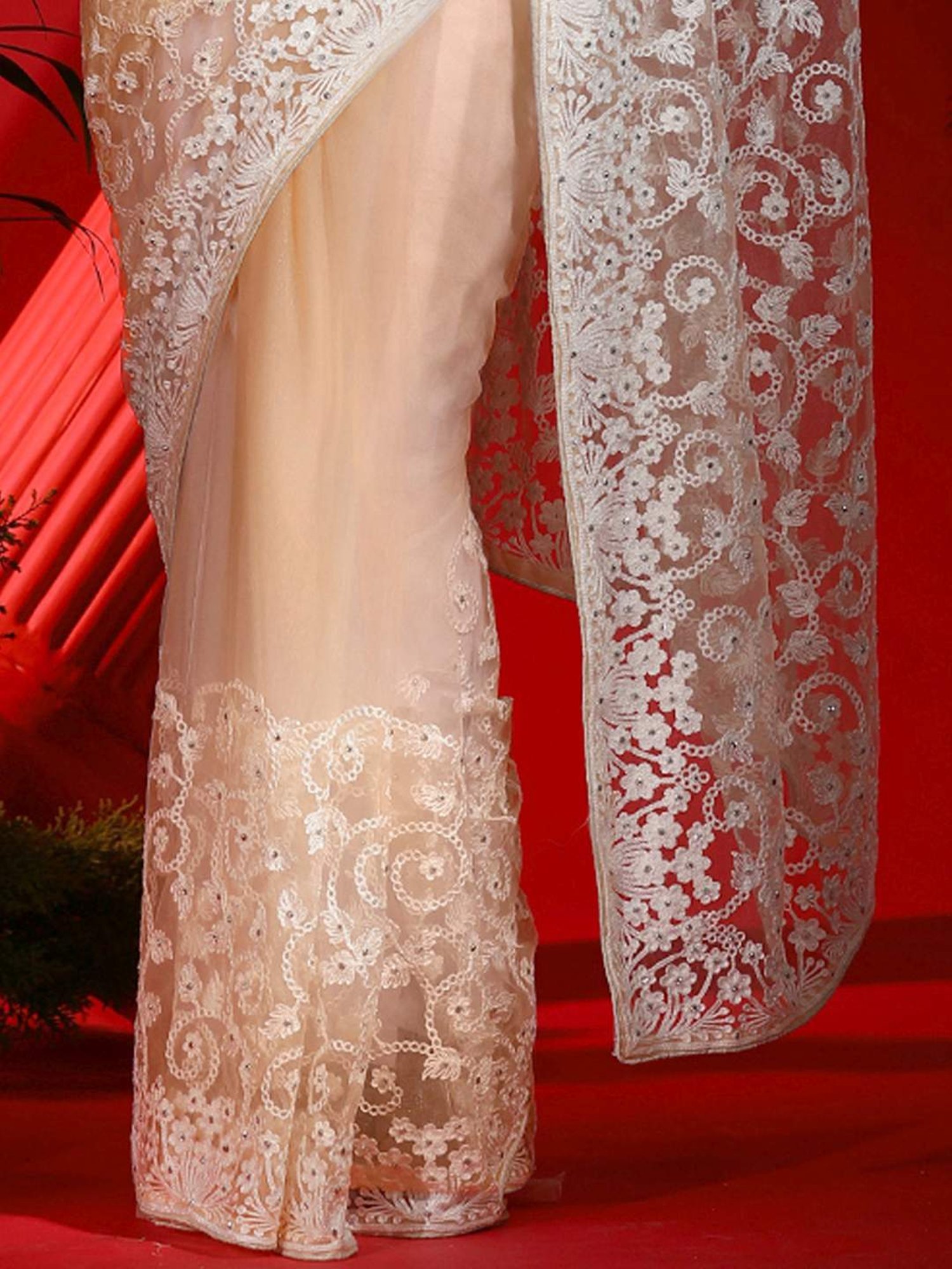 Saree Mall Peach Embroidered Saree With Unstitched Blouse