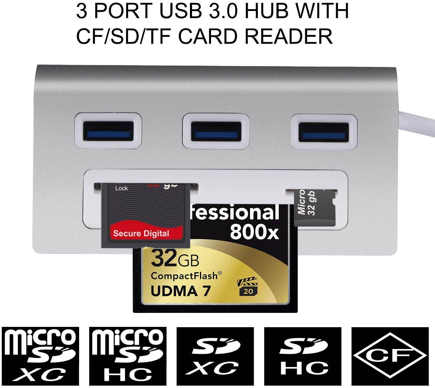 6-in-1 USB 3.0 Card Reader, Aluminum Data USB 3.0 Hub with 3 High-Speed Ports and 1 CF/SD/TF Card Reader, 12" USB Cable for Mac Pro, iMac, MacBook, Laptop and Desktop PC