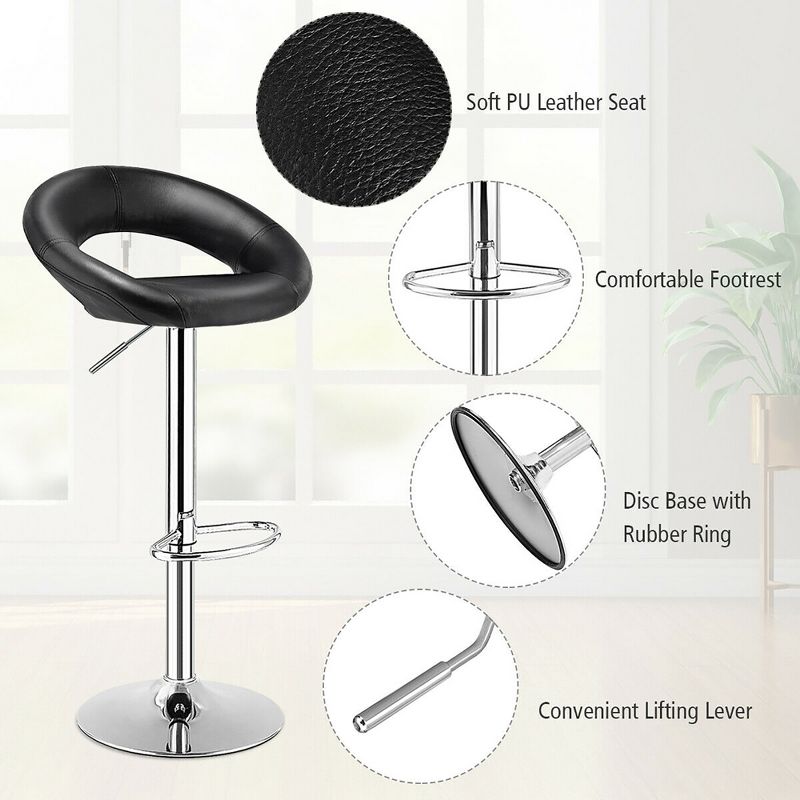 Costway Set of 2 Bar Stools Adjustable PU Leather Barstools Swivel Pub Chairs Black New Low Back