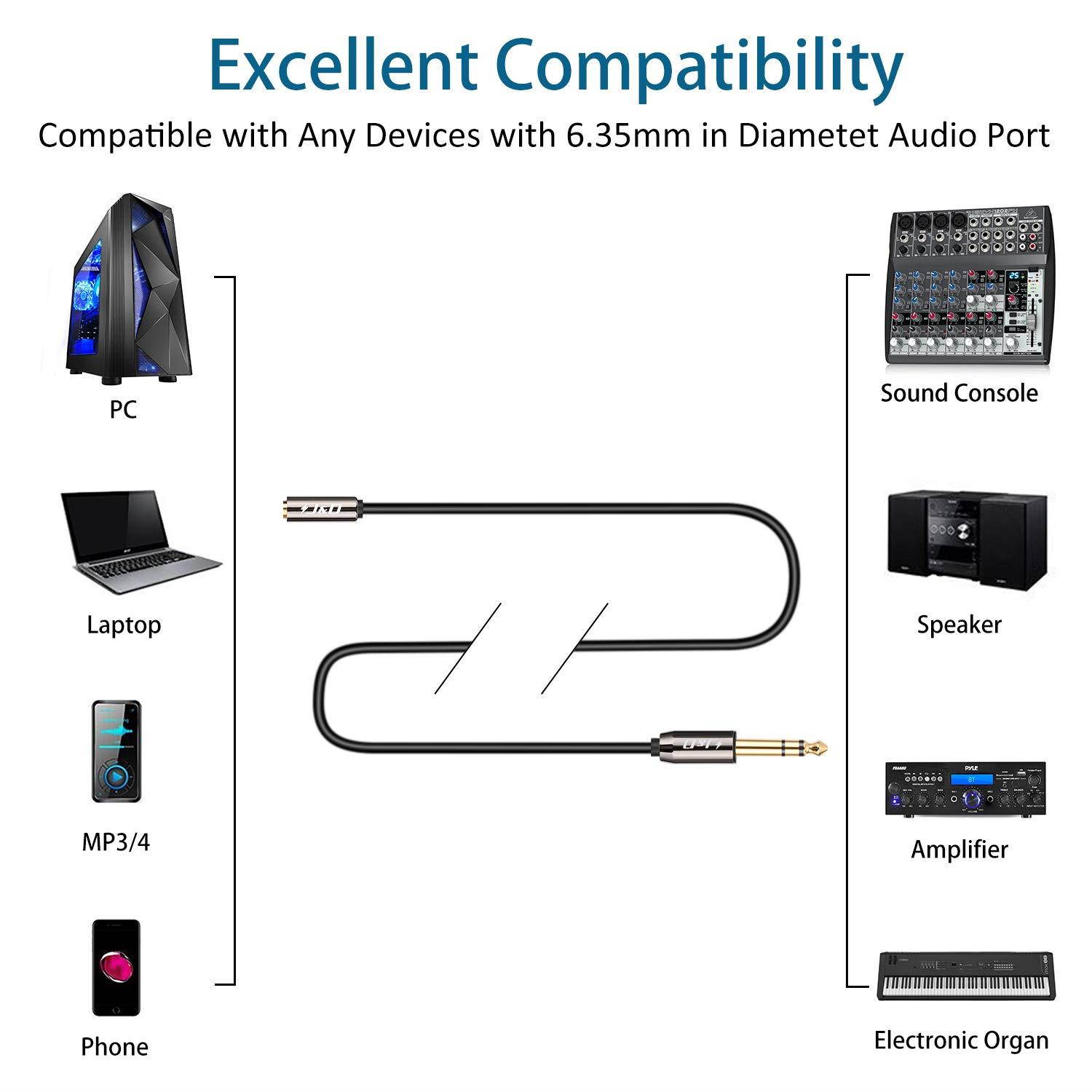 J&D 3.5 mm to 6.35 mm Cable, Gold-Plated [Copper Shell] [Heavy Duty] 3.5mm 1/8" Female TRS to 6.35mm 1/4" Male TRS Stereo Audio Adapter Cable for iPhone, Amplifiers - 6 Feet