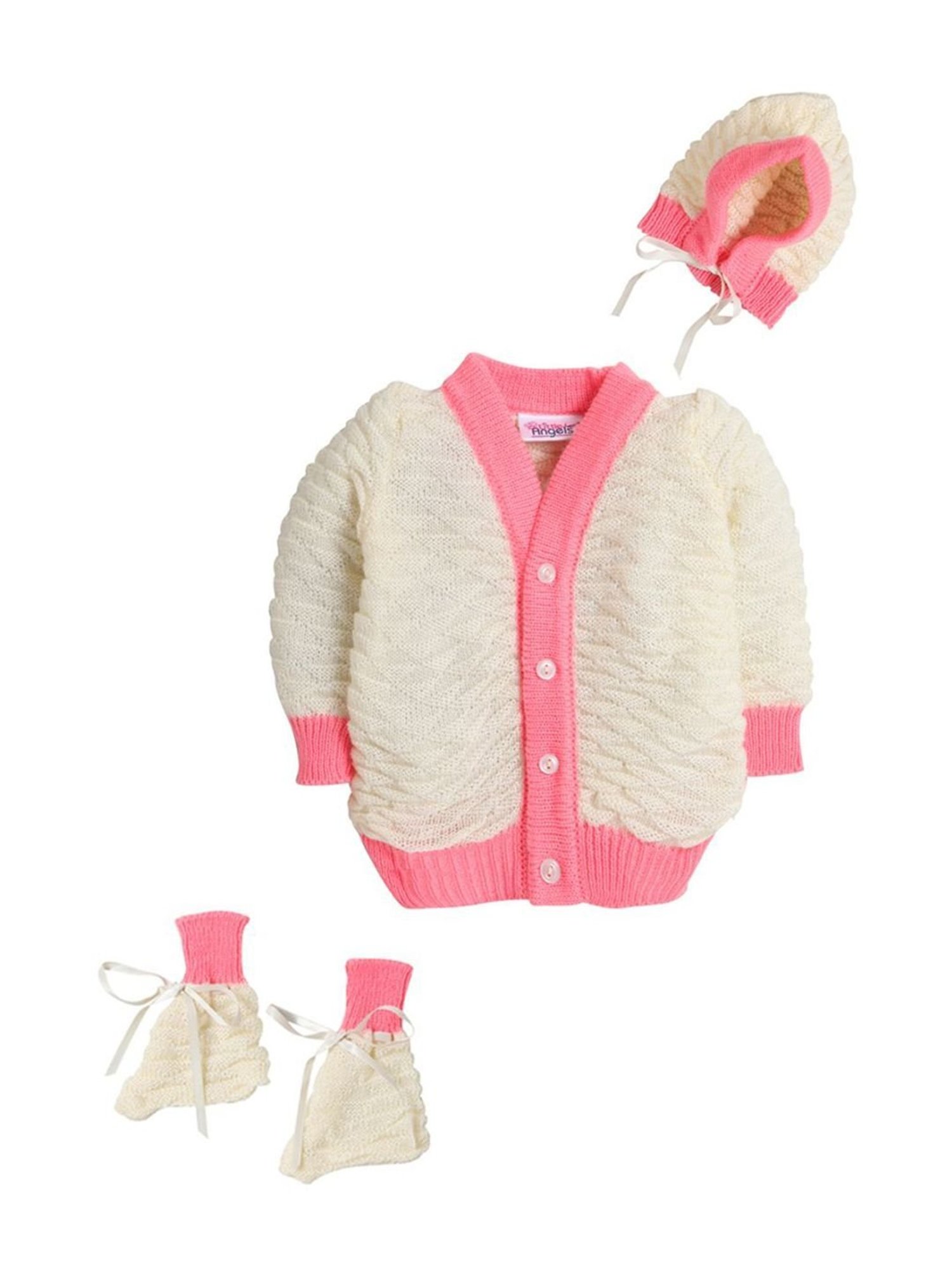 Little Angels Kids Cream & Pink Textured Pattern Full Sleeves Sweater Set