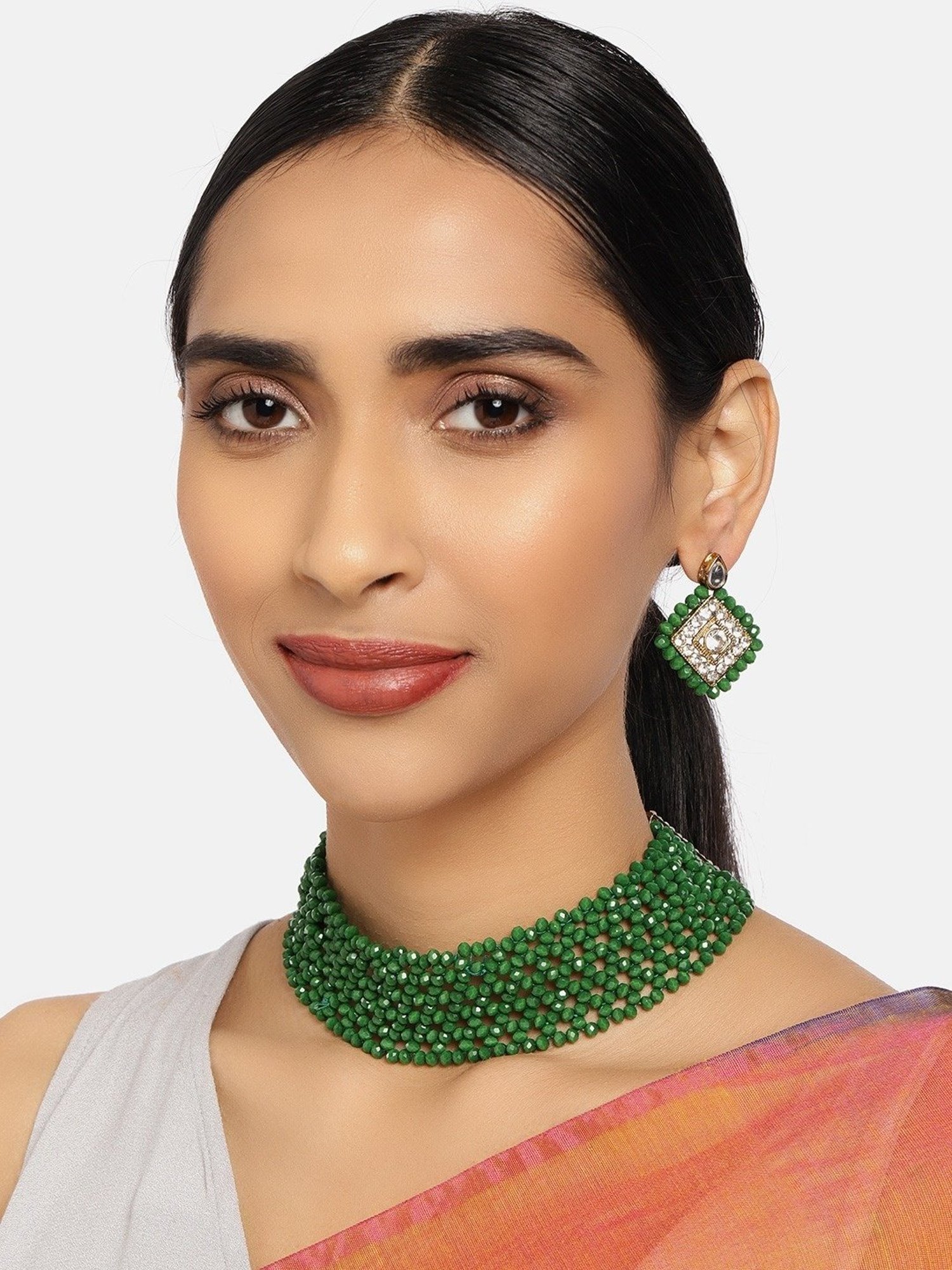 Zaveri Pearls Green Crystal Shine Beaded Ethnic Necklace & Earring Set-ZPFK9954