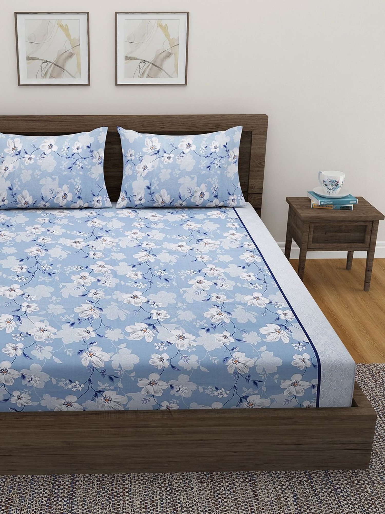 Swayam   Floral Blue & Grey 144 TC Cotton King Bedsheet with 2 Pillow Covers