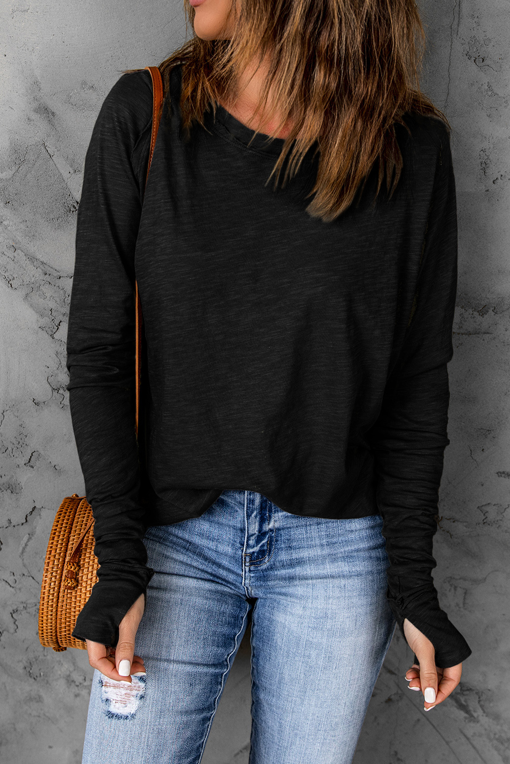 Blank Sweatshirt - Black Casual Thumbhole Long Sleeve Top Customized