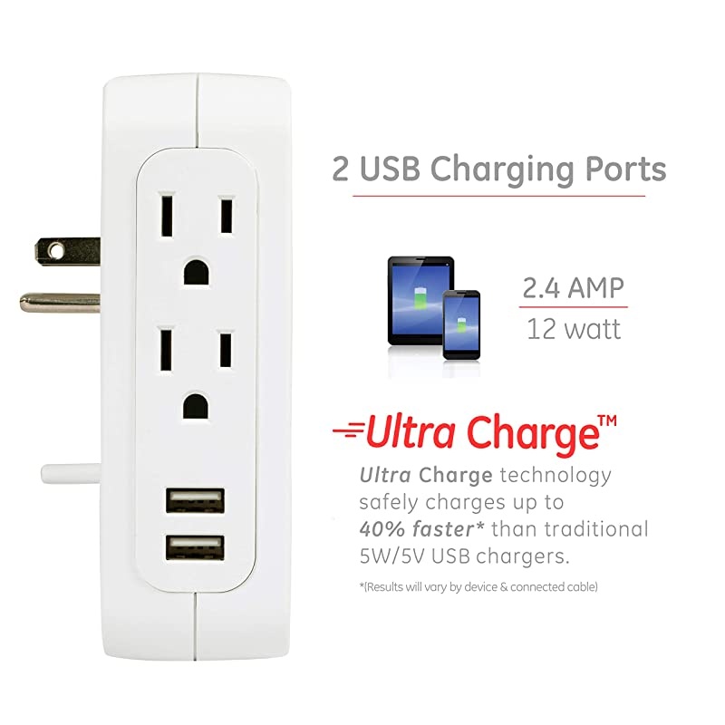 Pro 5 Outlet 2 USB Fabric Wall Tap Sur Protector Side Access Designer Power Adapter Plug in Extender 560 Joules GrayWhite 43436