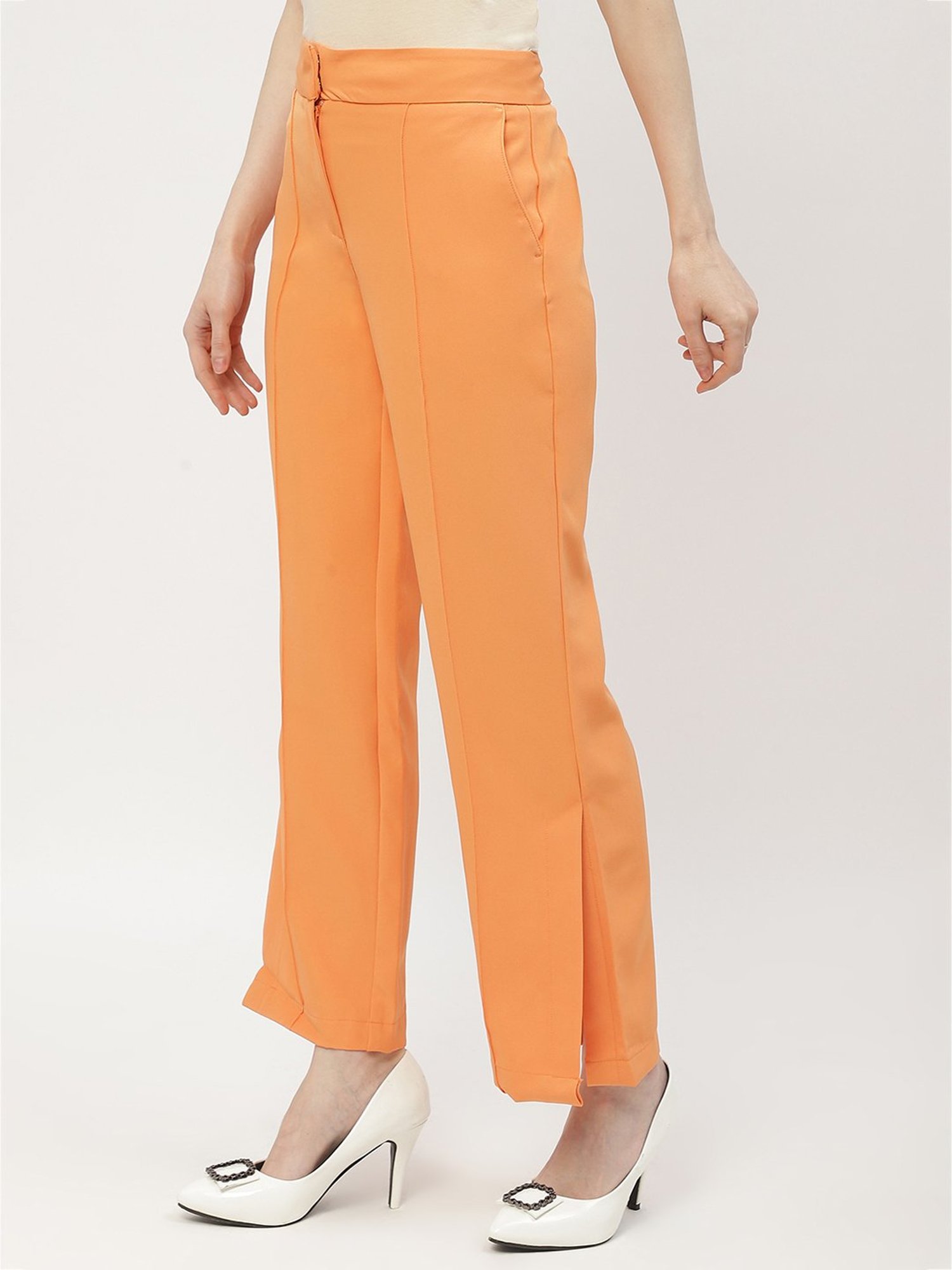 MADAME Orange Cotton Regular Fit Mid Rise Trousers
