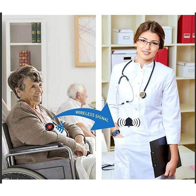 Caregiver Pager Wireless Smart Call Button Nurse Calling Alert Vibration for ElderlyPatientDisable at Home 1 Receiver Wrist Pager 2 PendantPortableFixed SOS Call Buttons 500+Feet