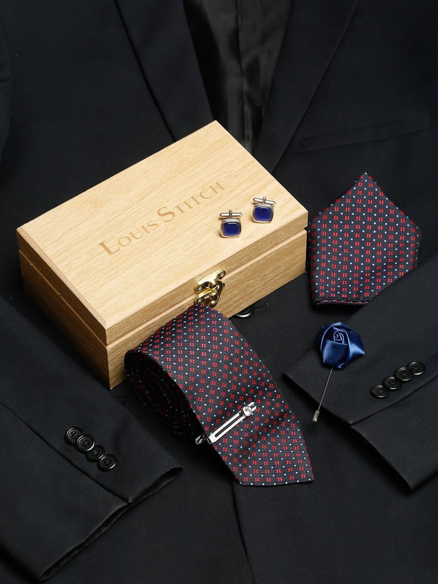 Louis Stitch Navy Embroidered Necktie Gift Set - Set of 5