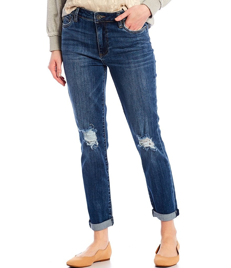 KUT from the Kloth Catherine High Rise Roll-Up Cuff Destruction Detail Boyfriend Jeans