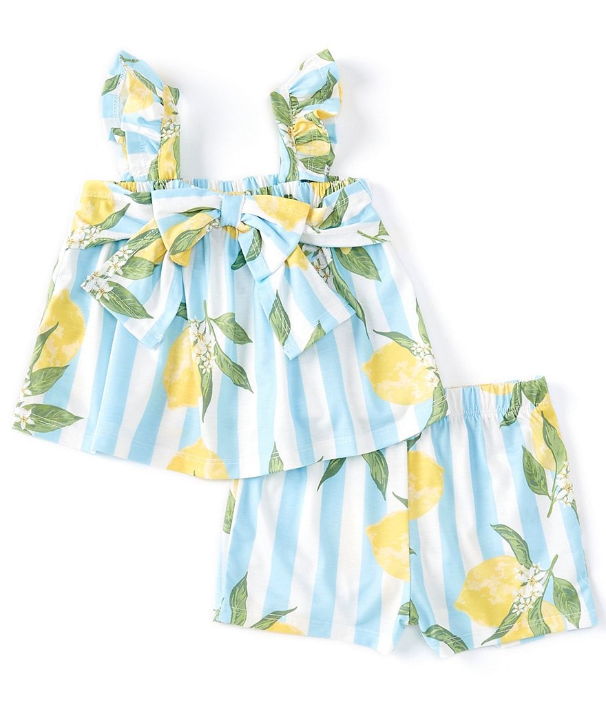 Bonnie Jean Baby Girls Newborn-24 Months Flutter-Sleeve Striped/Lemon Top & Shorts Matching Set