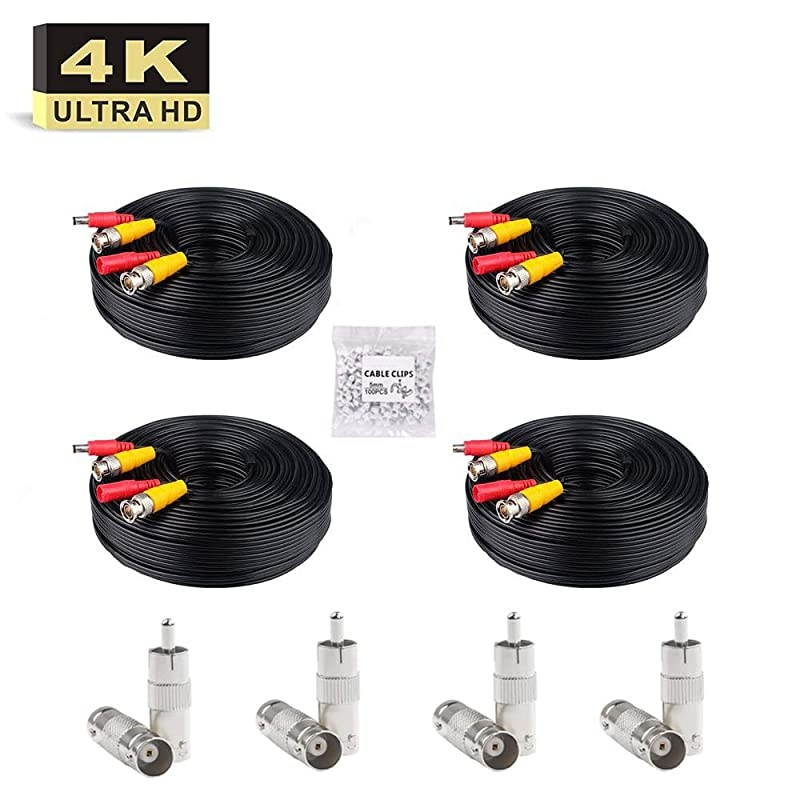 4Pack 4K 8MP 5MP 4MP 1080P 100Ft 30 Meters PreMade AllinOne BNC Cables for Security Camera System and CCTV Bullet Cameras or Dome Cameras