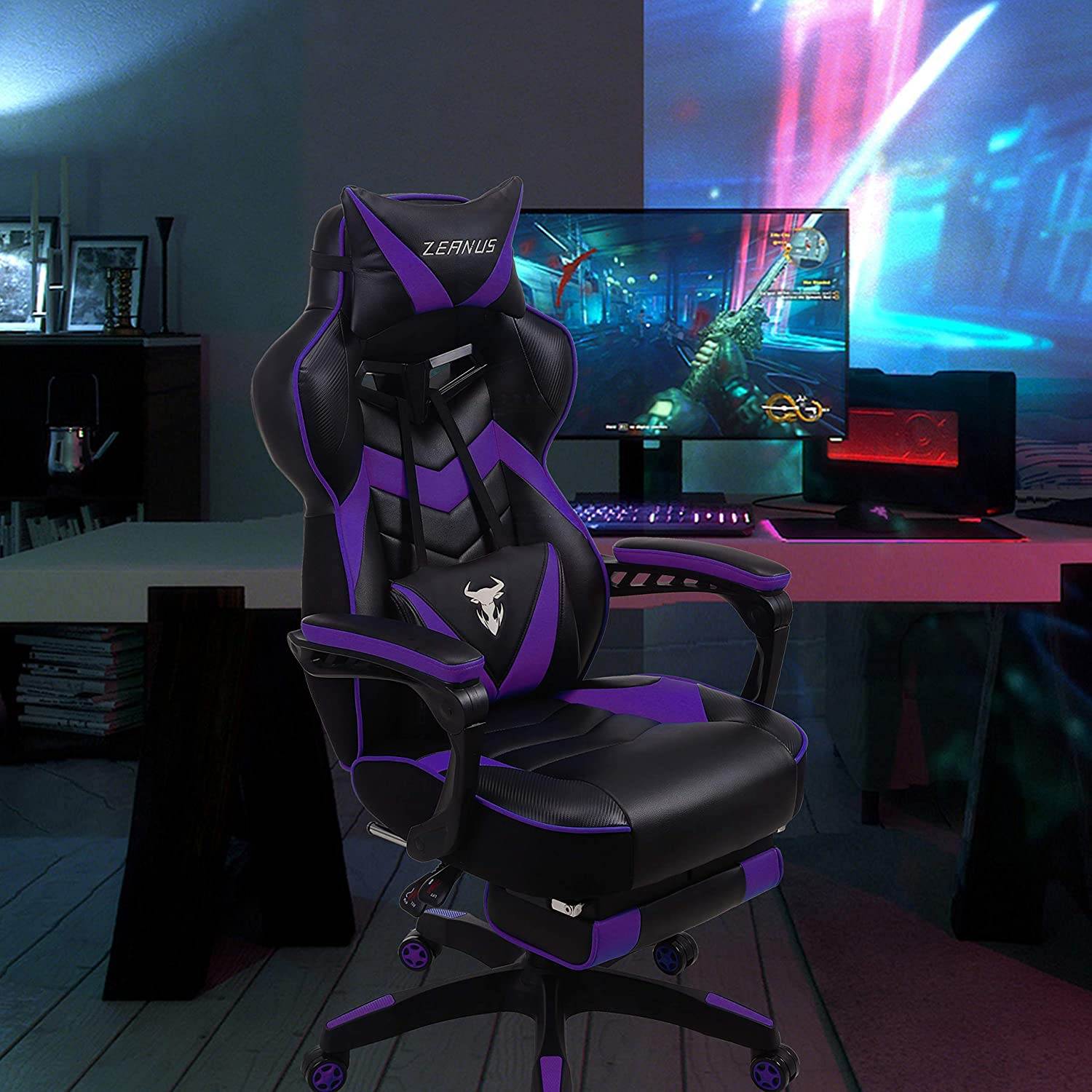 Zeanus Gaming Chair for Adults Green, Gaming Chair with Footrest, Massage Computer Gaming Chair, Reclining Gaming Desk Chair, Big and Tall Video Gaming Chair, Racing Style Chair, E-Sports Gamer Chair