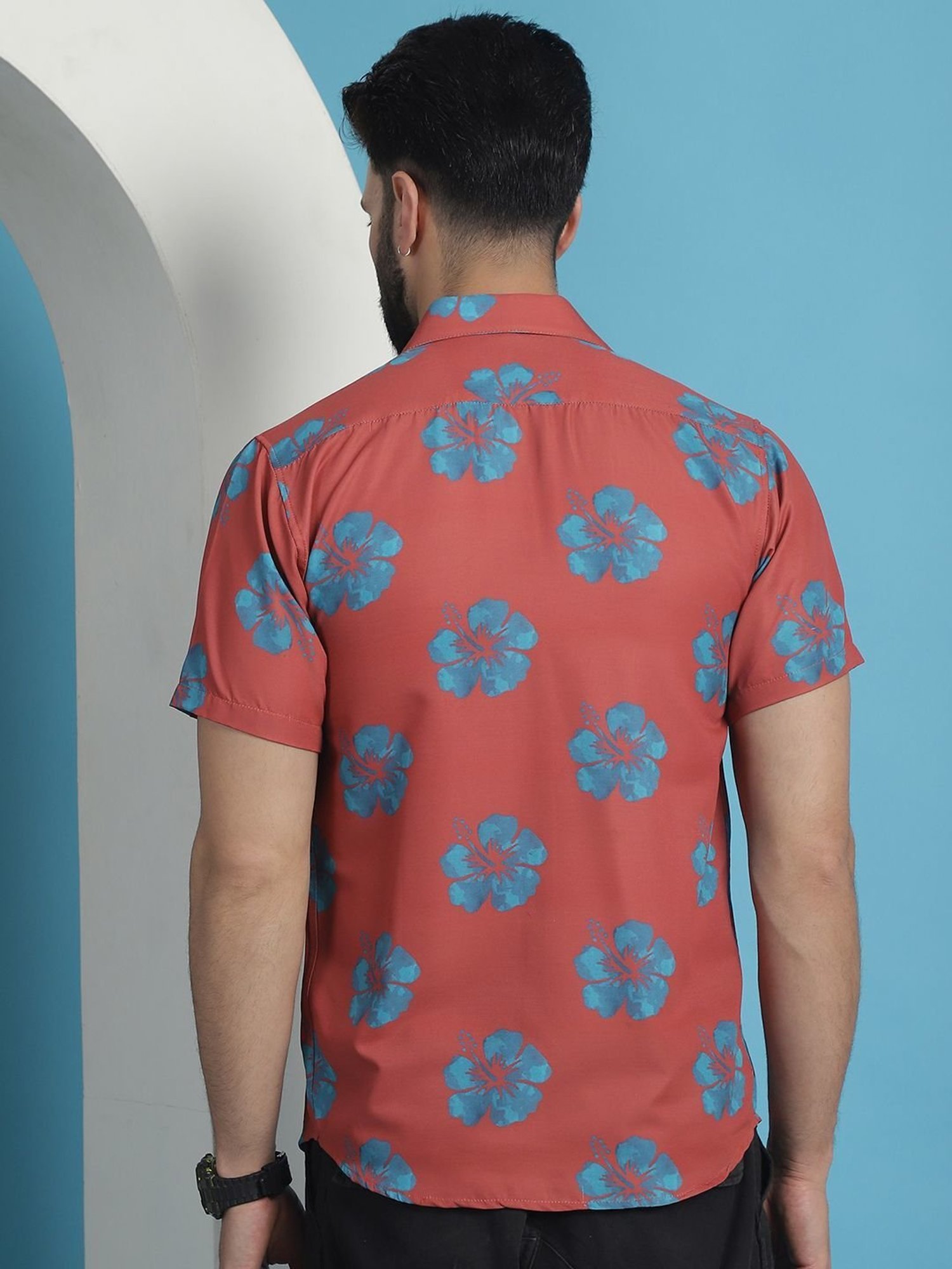 Indian Needle Coral Cotton Regular Fit Floral Print Shirt
