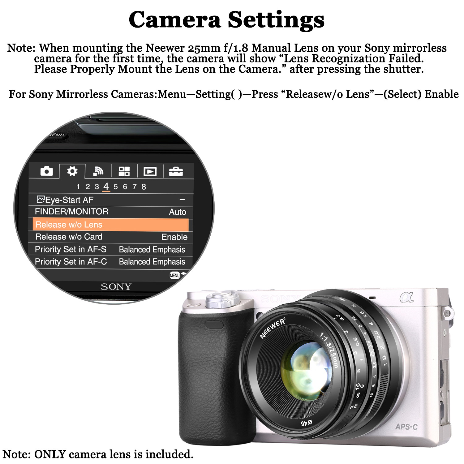 Neewer 25mm F1.8 APS-C Large Aperture Wide Angle Lens Manual Focus Lens for Sony E Mount Mirrorless Cameras A7III A9 NEX 3 3N 5 NEX 5T NEX 5R NEX 6 7 A6400 A5000 A5100 A6000 A6100 A6300 A6500