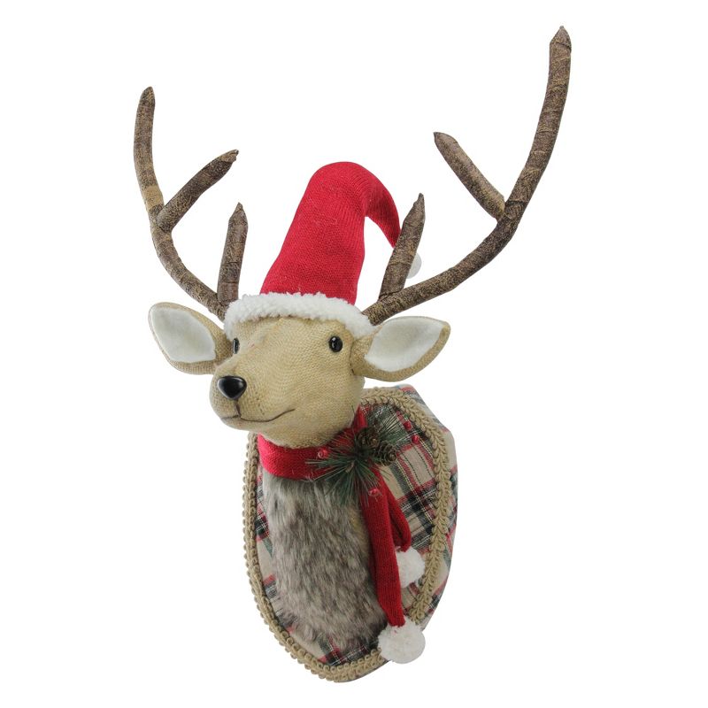 Diva At Home 21" Christmas Plaid Mounted And Dressed Reindeer Bust With Scarf and Santa Hat