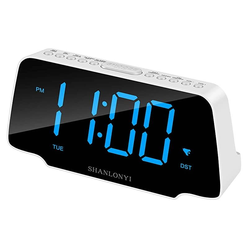 Loud Alarm Clock Radio with 9 Inch Blue LED Display for Bedroom, 3 Dimmer, Snooze, FM Radio, 12/24H, Auto DST, USB Chargers, Battery Backup for Kids, Heavy Sleepers, Elderly