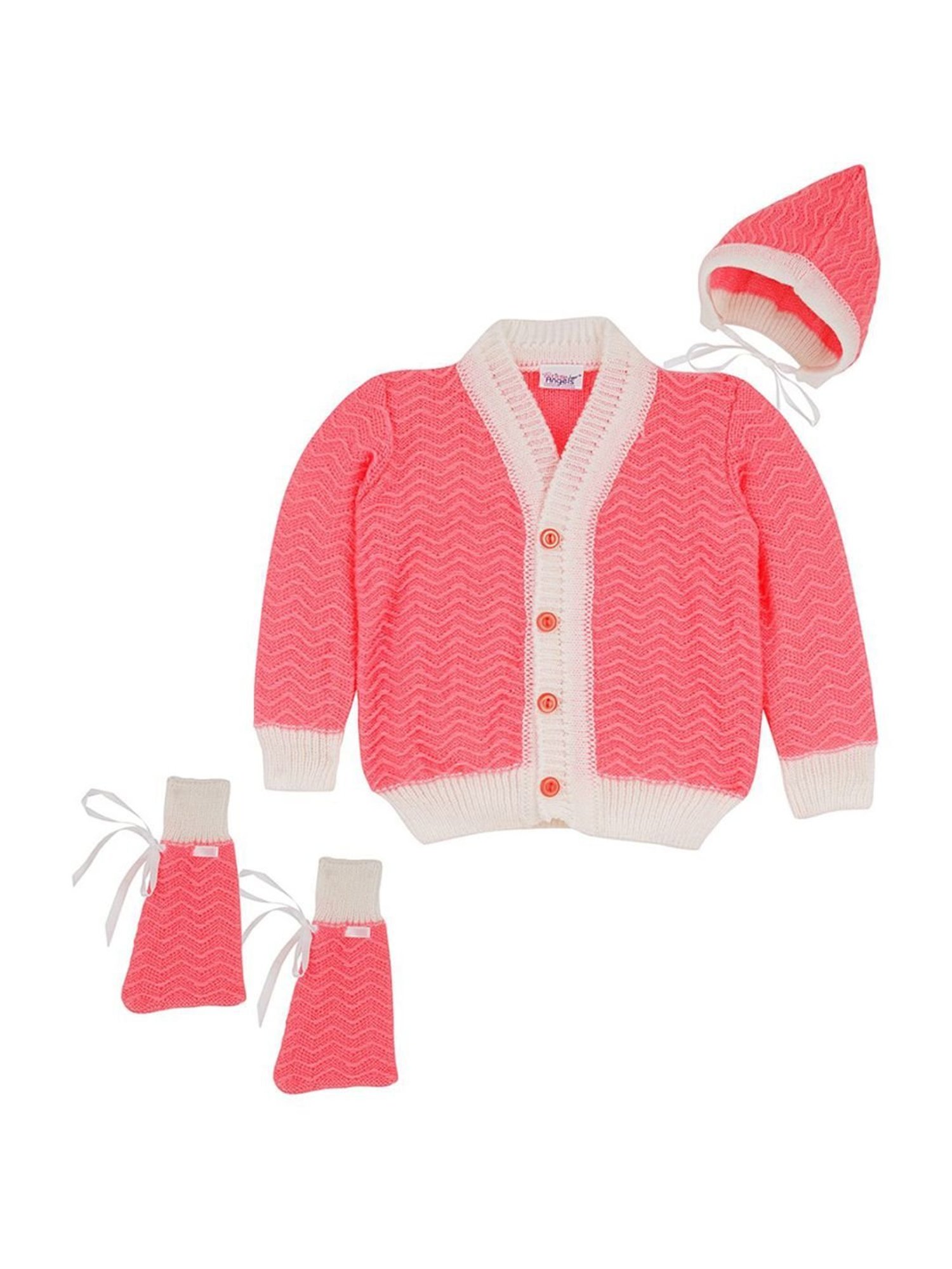 Little Angels Kids Pink & White Textured Pattern Full Sleeves Sweater Set