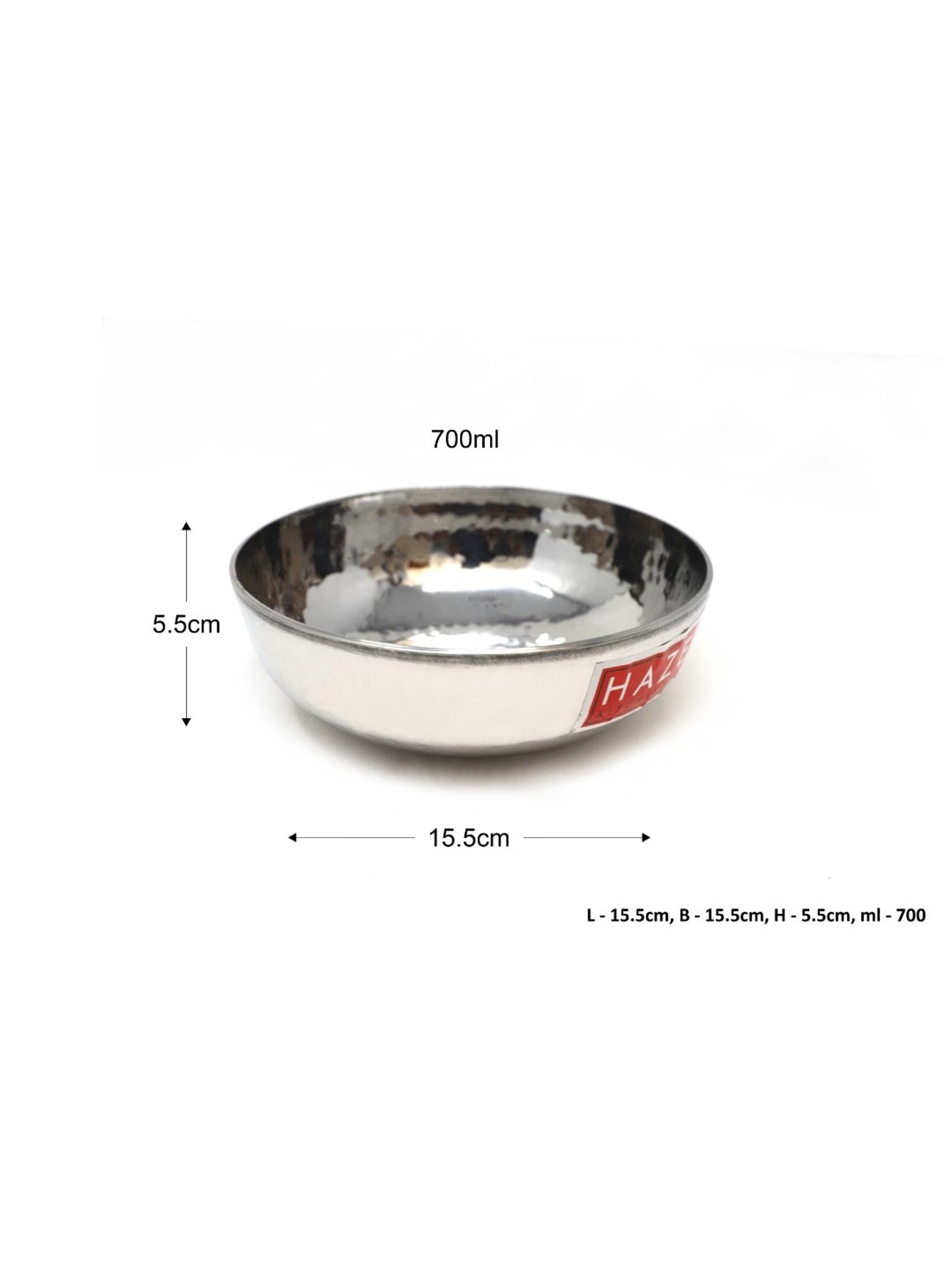 HAZEL Silver Hammered Tone Stainless Steel Kadai - Set of 1 (700 ML)