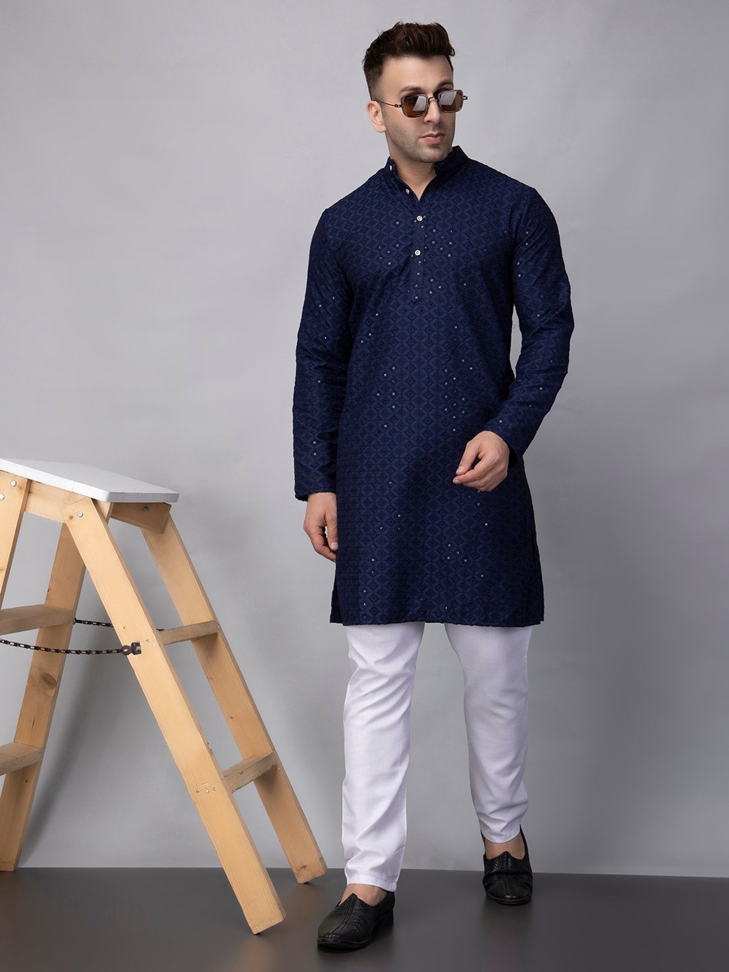 Hangup Navy & White Regular Fit Embroidered Kurta & Pyjamas Set