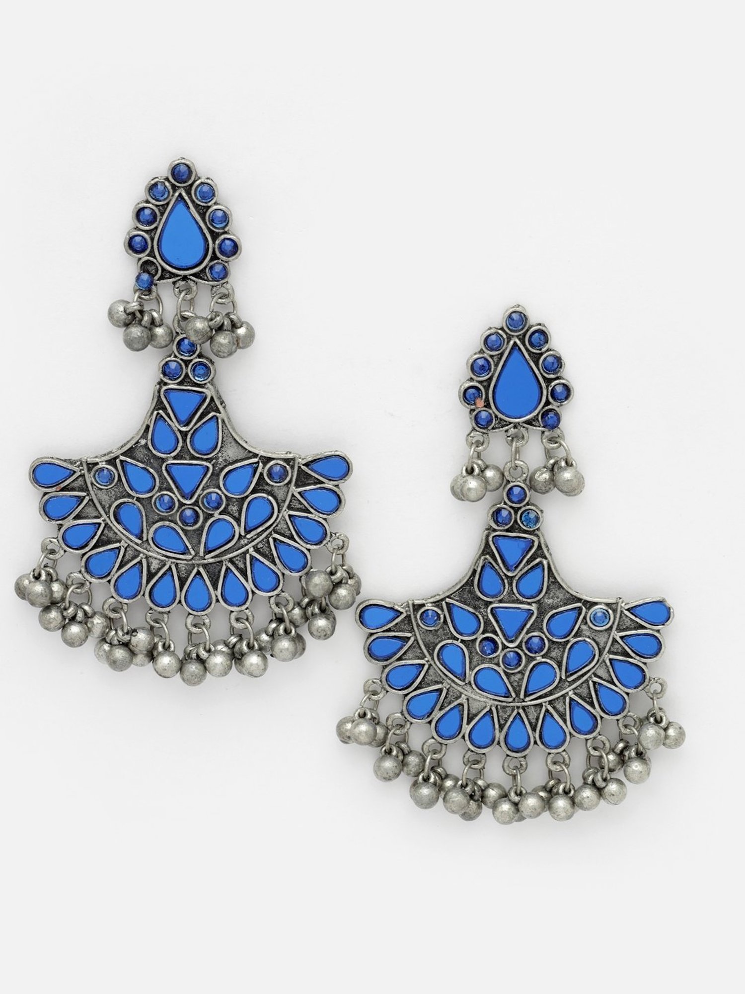 Moedbuille Mirrors and Ghungroo Afghan Tribal Design Oxidised Silver Plated Tassel Earrings