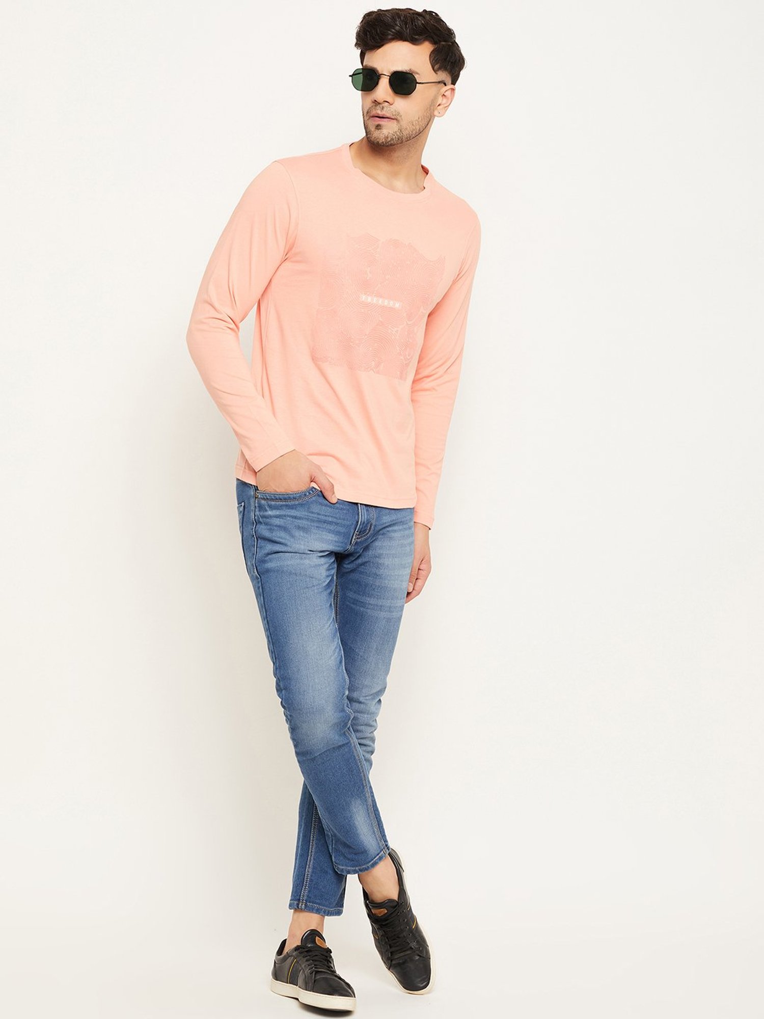Club York Peach Regular Fit Printed Crew T-Shirt