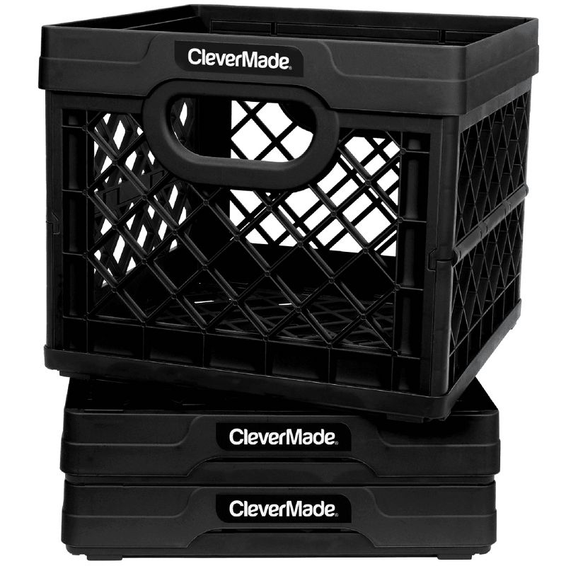 CleverMade MilkCrates Durable Plastic Stackable 25L Collapsible Utility Crate, Black (3-Pack)