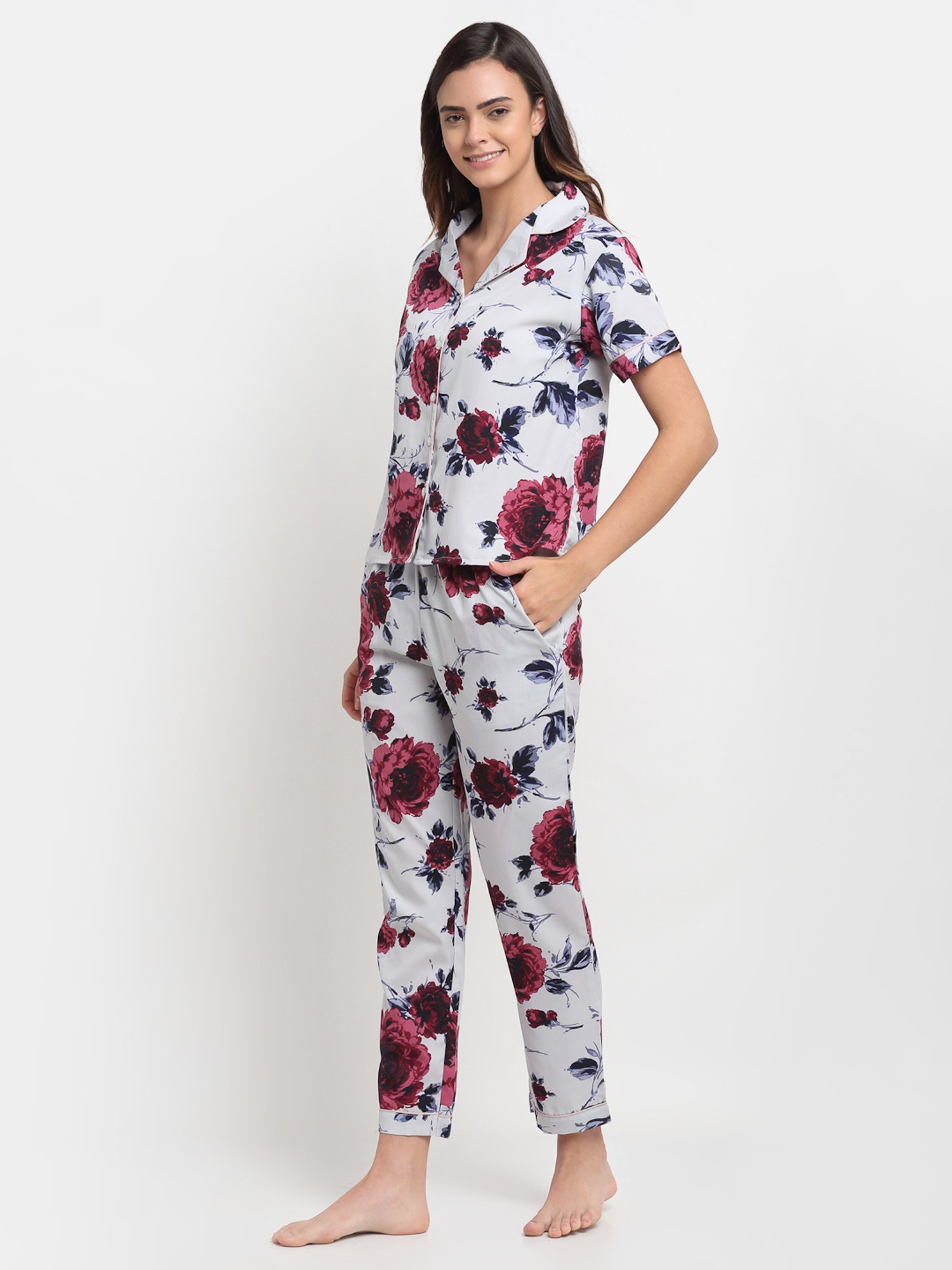 Erotissch Grey & Red Floral Print Shirt Pyjama Set