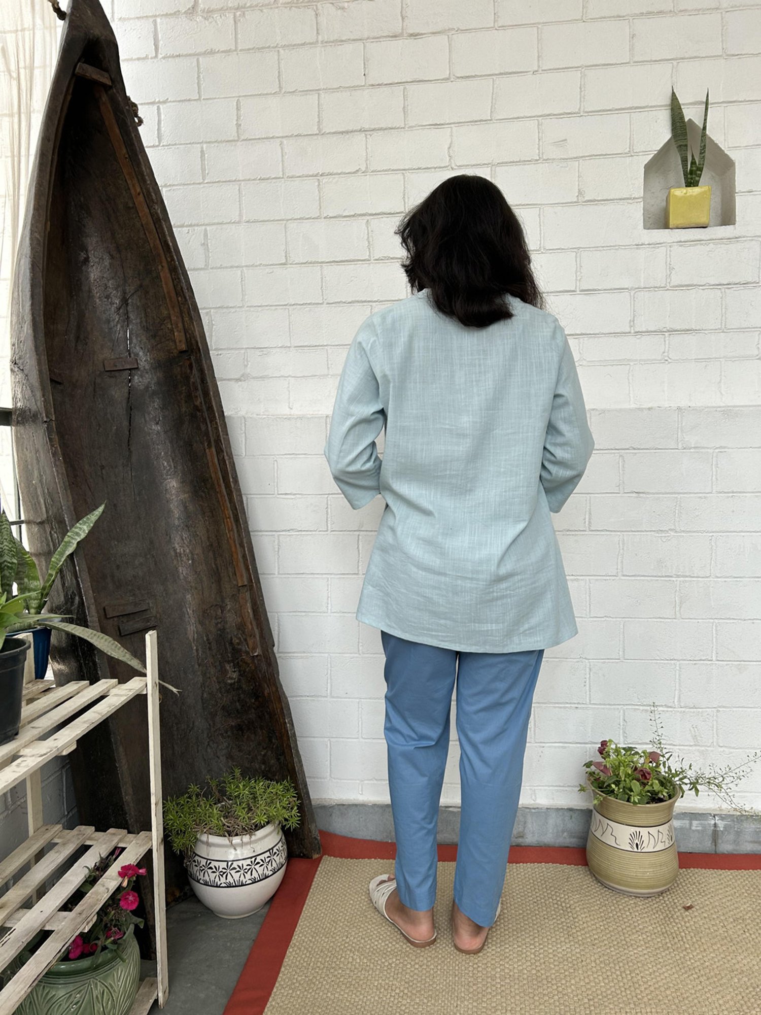 Zuri Sky Blue Kantha Embroidered Short Cotton Kurta